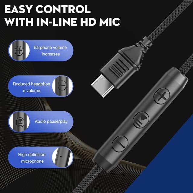 Detalle de Bywulanda USB‑C Over‑Ear Kopfhörer mit Mikrofon & Lautstärkeregler für iPhone (15/16 Pro) & mehr