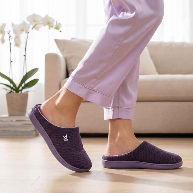 Detalle 2 de VeraCosy women’s two-tone memory foam slippers with waffle knit upper and non-slip TPR sole