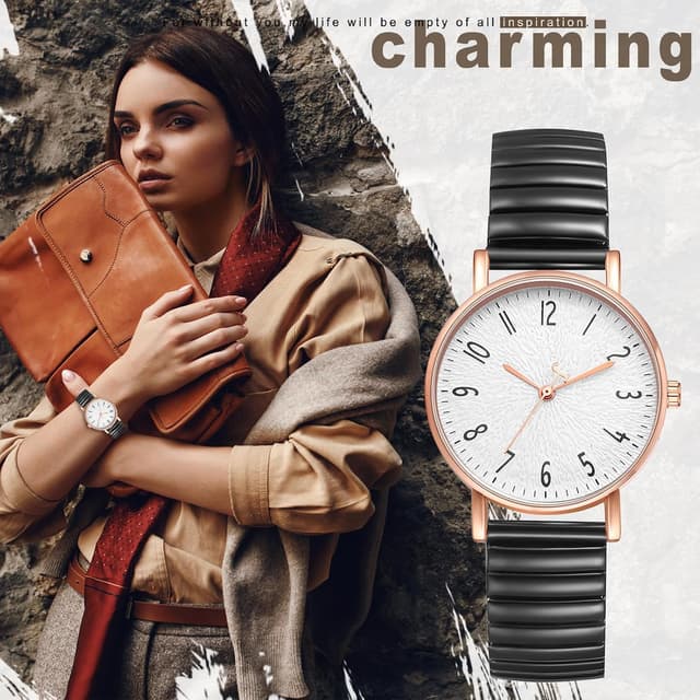 Detalle 2 de Avaner Damen Stretch Armbanduhr mit großen Zahlen & hartem Edelstahlarmband