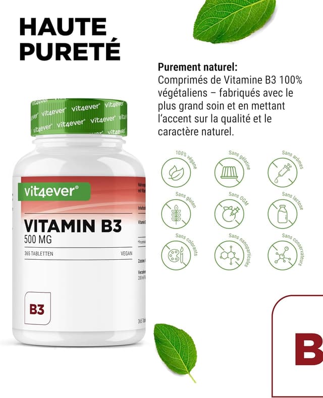Detalle de Vit4ever Vitamine B3 (Niacine) 500 mg – Nicotinamide flush-free – 365 comprimés