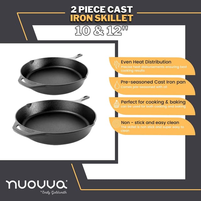 Detalle de NUOVVA 2pcs Cast Iron Skillet Set (pre-seasoned) – 10 inch 25cm & 12 inch 30cm oven-safe frying pans