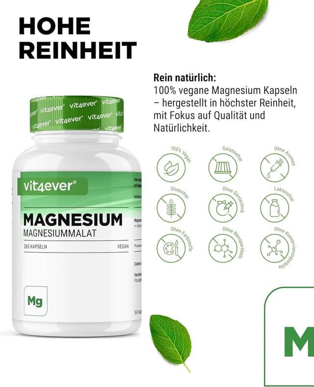 Detalle de vit4ever Magnesium Malat (Magnesiummalat) – 365 vegane Kapseln, 2000 mg mit 300 mg elementarem Magnesium pro Tagesportion