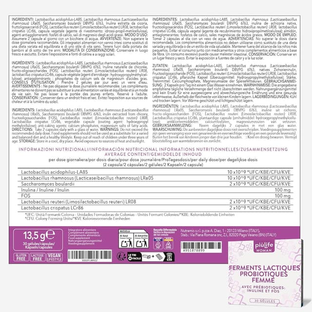 Detalle 2 de Probiotique Flore Intime PiùLife – 26 Mds UFC, Lactobacillus crispatus, rhamnosus et reuteri (30 gélules)