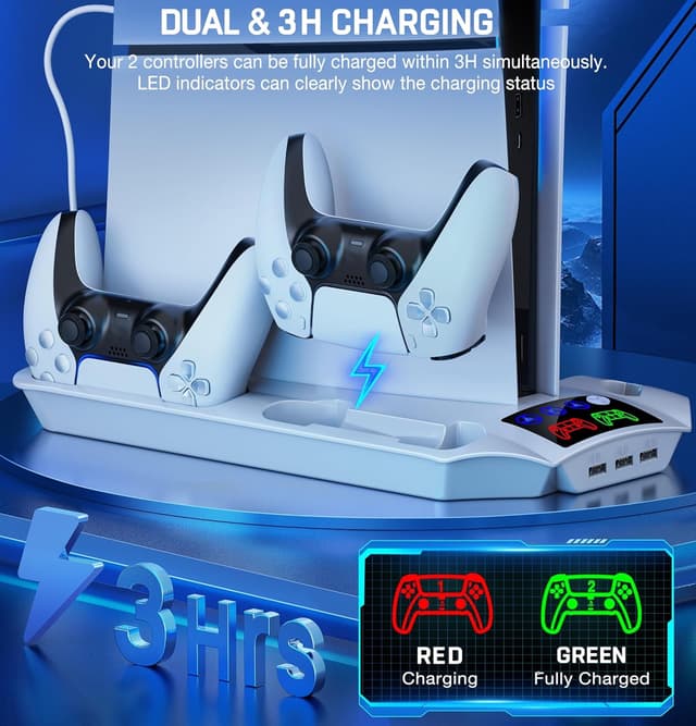 Detalle de HEYLICOOL PS5/PS5 Pro/PS5 Slim Stand Accessories with 3-Level Cooling Fan, Dual Controller Charging & USB Hubs (13 game storage)