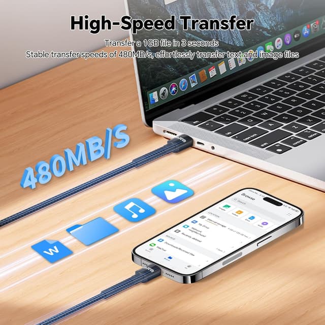 Detalle de QXQ Cavo USB-C 60W PD 1m Nero (set 2 pezzi) per ricarica rapida e trasferimento dati fino a 480 Mbps