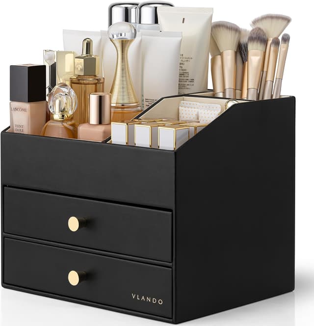 Detalle de VLANDO Make-up Organizer mit 3 Schubladen (Schwarz) – Kosmetik- und Skincare-Aufbewahrung für Bad & Dresser