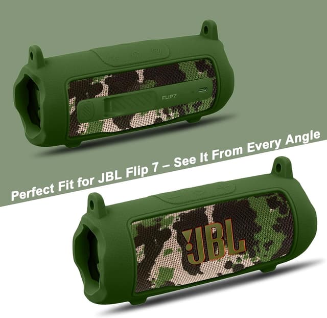 Detalle de Khanka Silicone Protective Cover for JBL Flip 7 with Detachable Shoulder Strap (Army Green) — case only