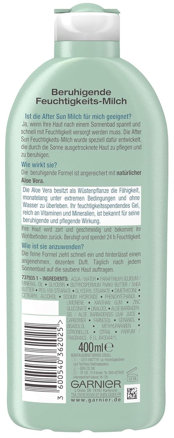 Detalle de Garnier Ambre Solaire After Sun Lotion mit Aloe Vera – kühlende Bodylotion, beruhigende Feuchtigkeitspflege (Packung mit 2 x 400 ml)