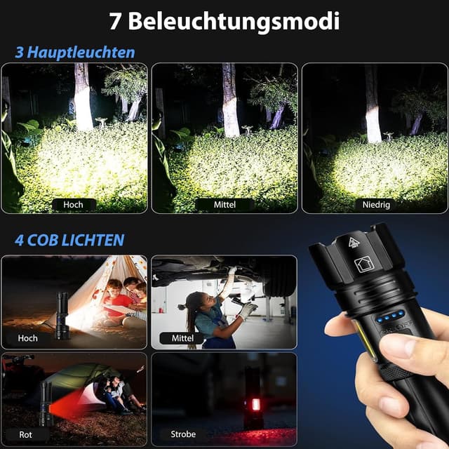 Detalle de ZEUSFIRE Taschenlampe LED aufladbar mit USB, 7 Lichtmodi & IPX7 – für Camping, Wandern und Outdoor