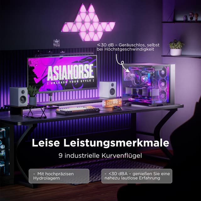 Detalle 2 de AsiaHorse NyotaUltra ARGB PC-Lüfter 120 mm (3er-Set) mit Daisy Chain & Infinity Mirror – Vorwärts (Auspuff)