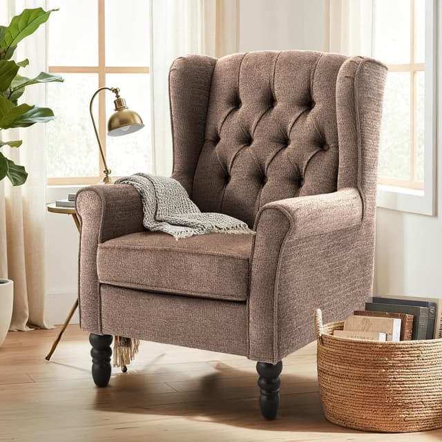 Thumbnail 6 de COLAMY Mid-Century Modern Wingback-Sessel mit Knopfsteppung & Massivholzbeinen, Beige