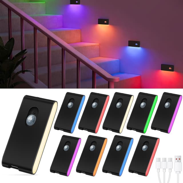 Detalle de WILLED Nachtlicht mit Bewegungsmelder – LED Treppenlicht (RGB & Warmweiß), 10er-Set für Flur & Schlafzimmer