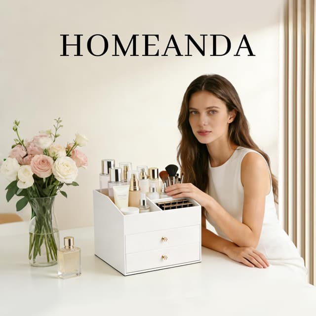 Detalle 2 de Homeanda Make-up-Organizer aus Kunstleder mit 2 Schubladen (weiß) – Ordnung für Kosmetik, Schmuck & Pflege