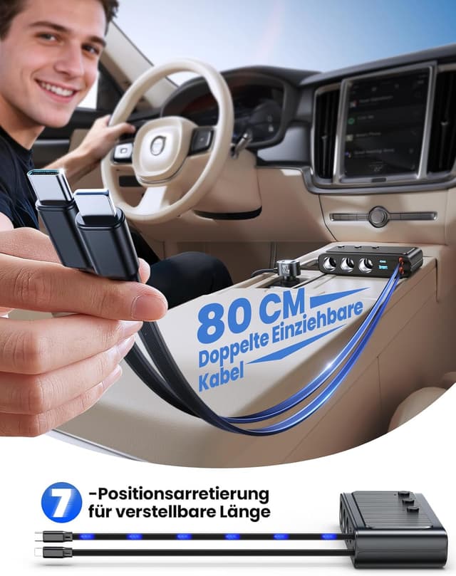 Detalle de JOYROOM 227W Zigarettenanzünder Verteiler 9-in-1 mit 80-cm einziehbarem 45W USB-C & LED-Spannungsanzeige
