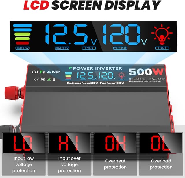 Thumbnail 3 de OLTEANP 500W Power Inverter (12V DC to 110/120V AC) with LCD, 2 AC Outlets, USB, and Type-C Port