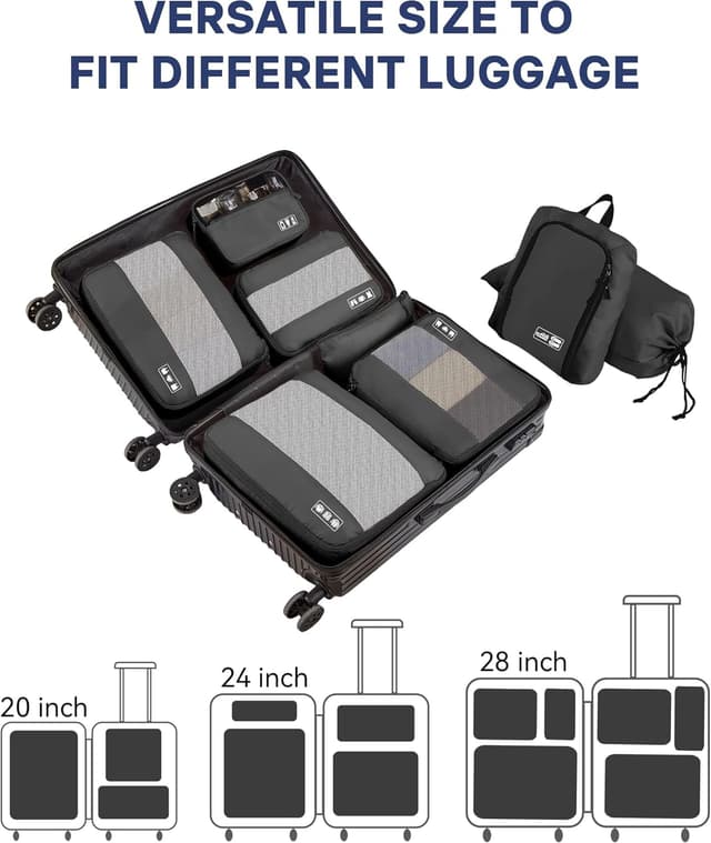 Detalle de MURISE Koffer Organizer 8-teilig: Packing Cubes & Taschen-Set für Urlaub und Reisen, Schwarz