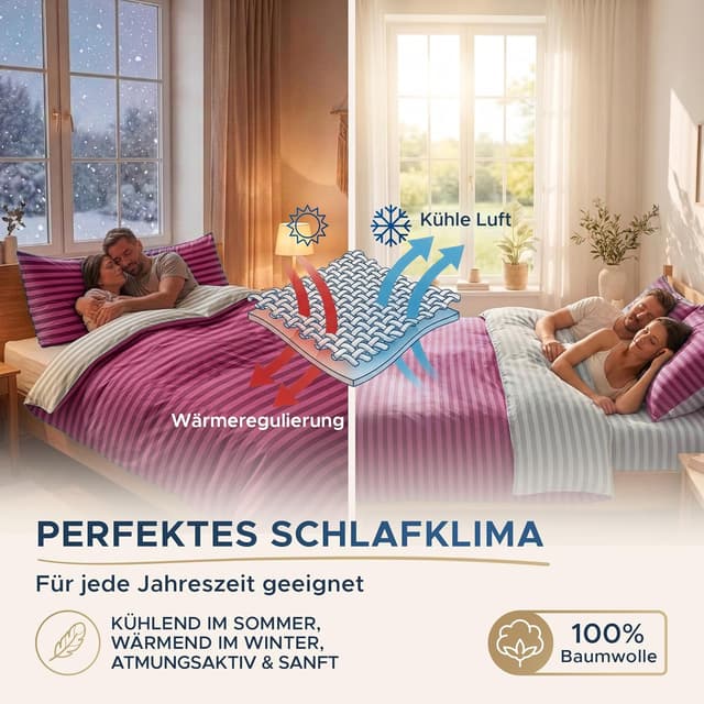 Detalle 2 de MALIKA Bettwäsche 135x200 aus Baumwolle, 2-teiliges Set (Weinrot, Streifen) mit Wendebezug