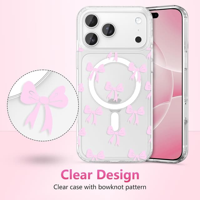 Detalle de ZTOFERA Magnetische Hülle für iPhone 17 Pro (6,3 Zoll) – transparente TPU-Case mit Schleifen-Design (MagSafe-kompatibel), Rosa