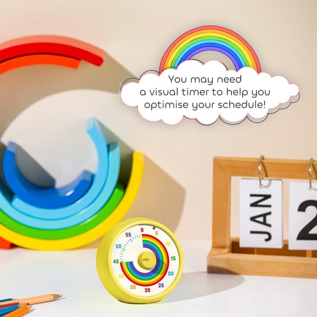 Detalle 2 de kiecky squirrel visueller Timer für Kinder – 60-Minuten Countdown mit leisem Betrieb (Tomato Time, Regenbogenmuster)