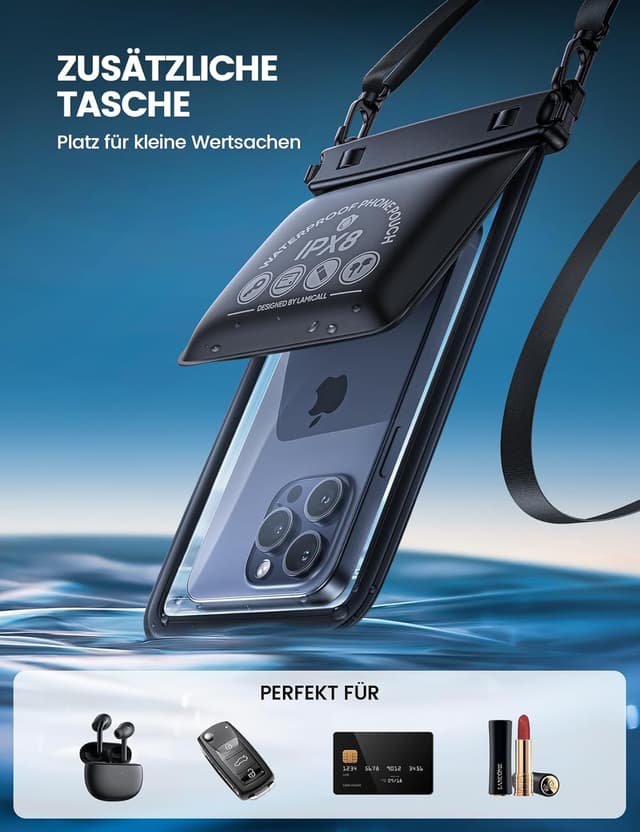 Detalle de Lamicall wasserdichte Handyhülle mit Doppeltaschen-Design – IPX8 Phone Case bis 7,5 Zoll