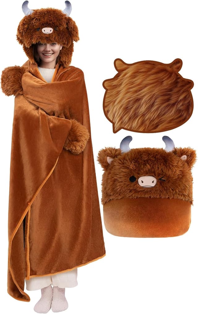 Detalle de Mewaii Plaid à capuche en laine douce (vache highland) 130 x 158 cm — couverture pour enfant et adulte