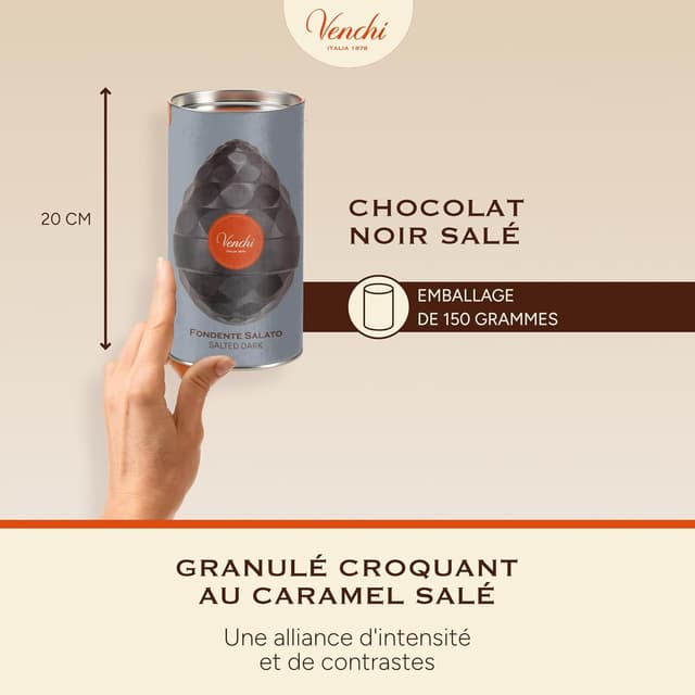 Detalle de Venchi Œuf au chocolat noir salé 150 g (éclats de caramel salé) avec surprise, collection de Pâques