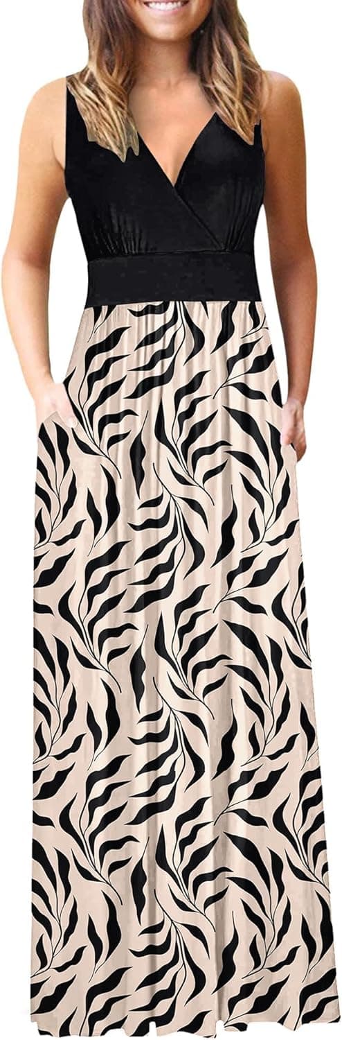 Detalle de AUSELILY Sommerkleid Damen Lang ärmellos Wickelkleid mit V-Ausschnitt und Taschen