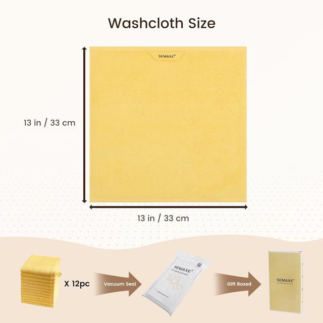 Detalle 2 de SEMAXE 100% Cotton Washcloths 12-Pack (13 × 13 Inch) Soft Yellow Face Towels