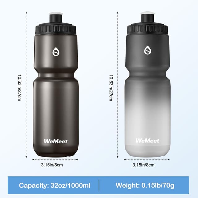 Detalle de WEMEET 1000ml Bike Sport Water Bottle (BPA Free) – 2-Pack leak-proof squeeze bottles with capacity scale