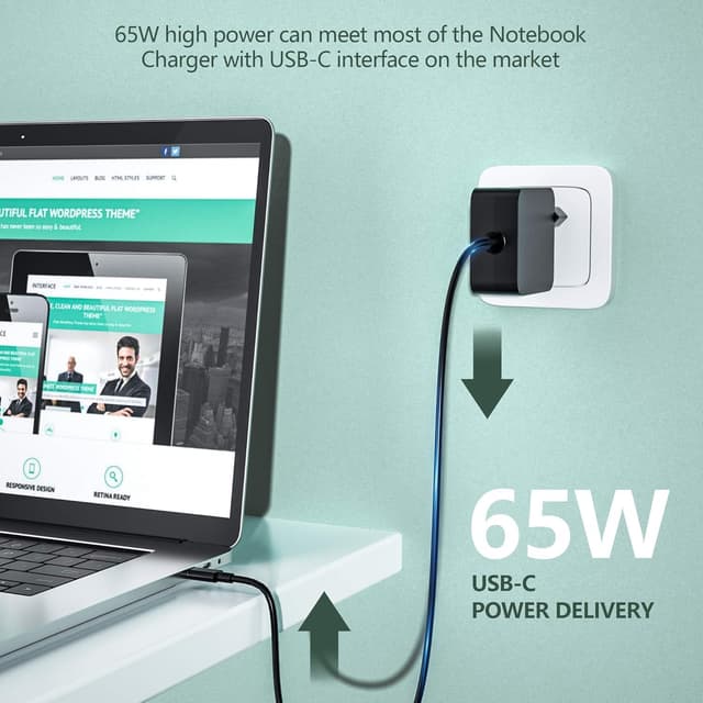 Detalle de Chargeur USB‑C portable 65 W pour ordinateur (MacBook Pro/Air, Zenbook, ThinkPad Yoga, Chromebook, etc.)