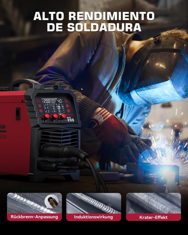 Detalle de ARCCAPTAIN MIG MAG Schweißgerät 200 A 7‑in‑1 (IGBT Inverter, 230 V) für MIG/MAG, Fülldraht, MMA, Lift TIG, Spool Gun und Punktschweißen