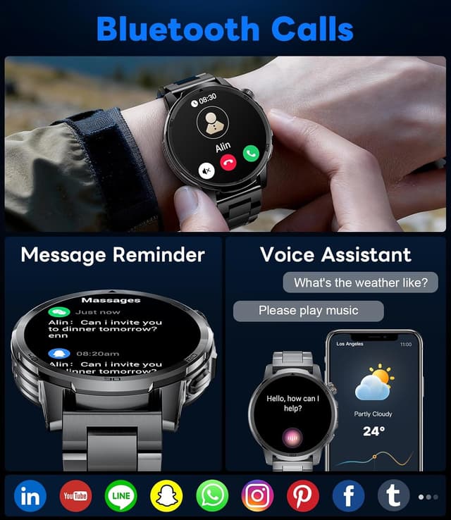 Detalle de Montre connectée homme 1,85" avec appels Bluetooth, fréquence cardiaque & étanchéité IP68, torche LED et batterie 1000 mAh