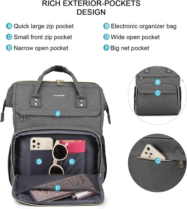 Detalle de LOVEVOOK Damen-Rucksack für Schule & Büro (wasserdicht) mit USB-Ladeanschluss – Dunkelgrau