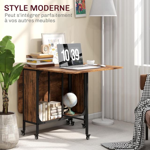 Thumbnail 6 de HOMCOM table à manger pliante sur roulettes jusqu’à 6 personnes (130 x 80 x 74 cm), avec 2 abattants et étagère intégrée