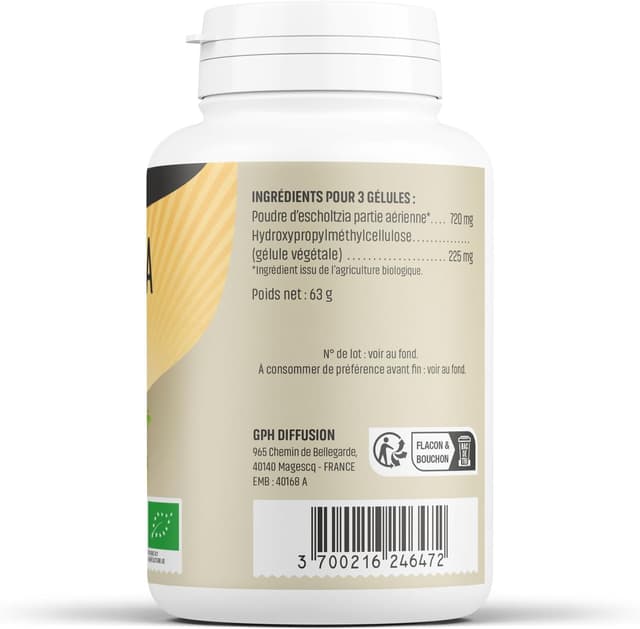 Detalle 1 de Escholtzia Bio en gélules végétales 250 mg – Herbes Et Plantes, lot de 200 gélules