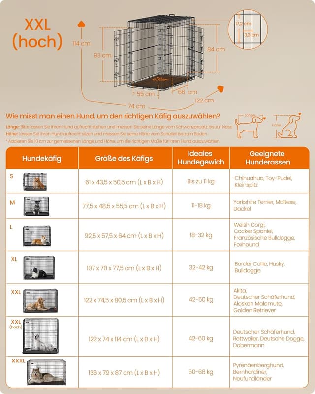 Detalle de Feandrea Hundekäfig klappbar mit 2 Türen und ausziehbarer Kunststoffschale (122 x 74 x 114 cm, XXL) PPD050B01