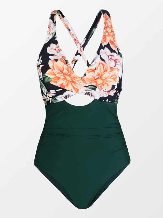 Detalle de CUPSHE Damen-Badeanzug mit Wickeloptik, V-Ausschnitt und Raffungen (einteilig)