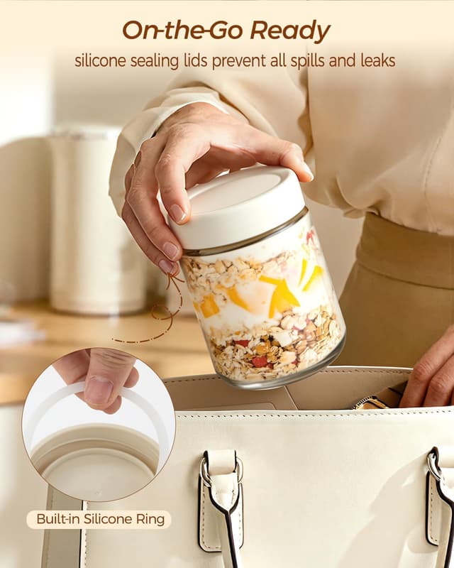 Detalle de Thyme Space Overnight Oats Jars (4-pack) 500ml glass containers with lids