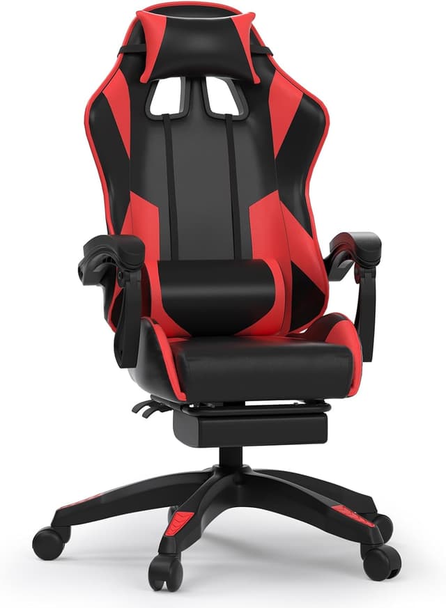 Detalle de Confortil Chaise Gaming Ergonomique avec repose-pieds rétractable et appui-tête réglable, noir et rouge