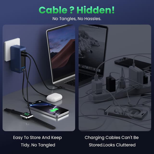 Detalle de 120W USB-C Charger Block with Retractable Cables (4-in-1 GaN IV) — PD 65W Laptop Adapter Wall Charger Station, Dark Blue