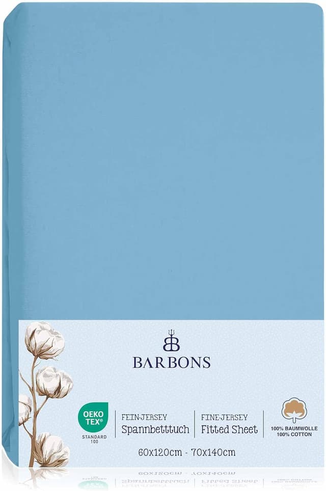 Detalle 1 de Spannbettlaken für Baby- und Kinderbett aus 100% Jersey-Baumwolle (OEKO‑TEX Standard 100) – hellblau, 60x120/70x140 cm