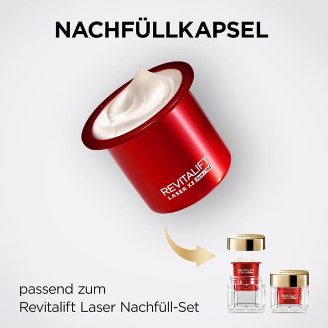 Detalle de L'Oréal Paris Revitalift Laser X3 Anti-Age Tagespflege Nachfüllkapsel (50 ml) mit Pro-Retinol, Hyaluronsäure & Vitamin C