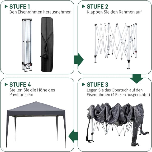 Detalle 1 de TactFire Pavillon 3x3 m – faltbares wasserdichtes Partyzelt mit UV-Schutz 50+ und 4 Seitenteilen (grau)