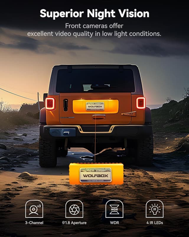 Detalle de WOLFBOX i17 4K Triple-Channel Dash Cam with 3-Inch Screen, Built-in 5.8GHz Wi‑Fi, GPS and 64GB Card