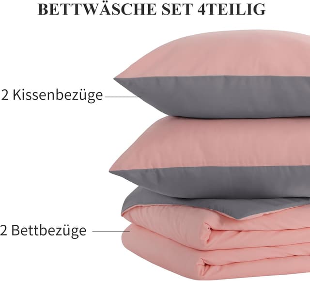 Thumbnail 6 de Aisbo Bettwäsche 135x200 4-teilig Rosa/Grau (Wendebettwäsche mit Mikrofaser) – 2 Bettbezüge + 2 Kissenbezüge