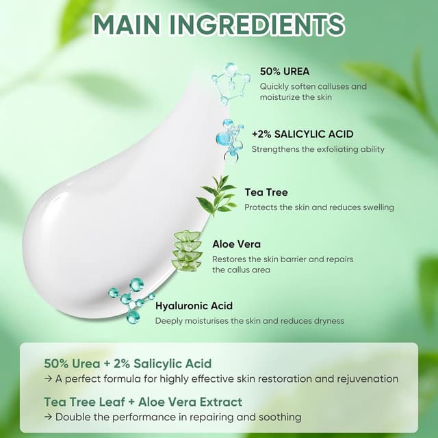 Detalle de Crema Urea 50% per piedi, mani e zone ruvide con acido salicilico 2% (max 150 g) con cocco, acido ialuronico, tea tree e aloe vera