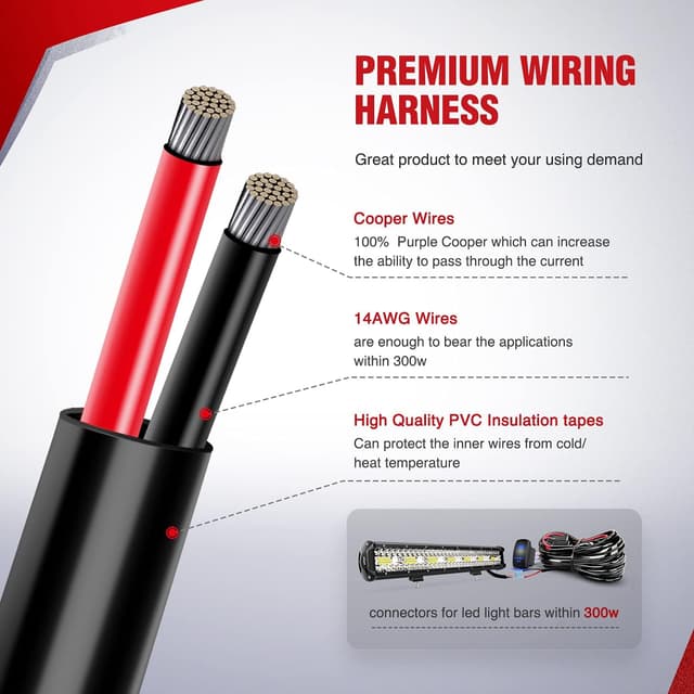 Detalle de Nilight 10014W LED Light Bar Wiring Harness Kit with 5-Pin Rocker Switch, 14AWG Heavy-Duty Lead