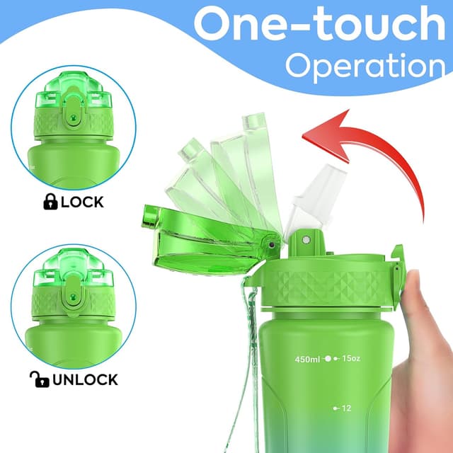 Detalle de OLDLEY 450ml/15oz kids water bottle with straw, one-touch lid and time markings (BPA-free, leakproof)