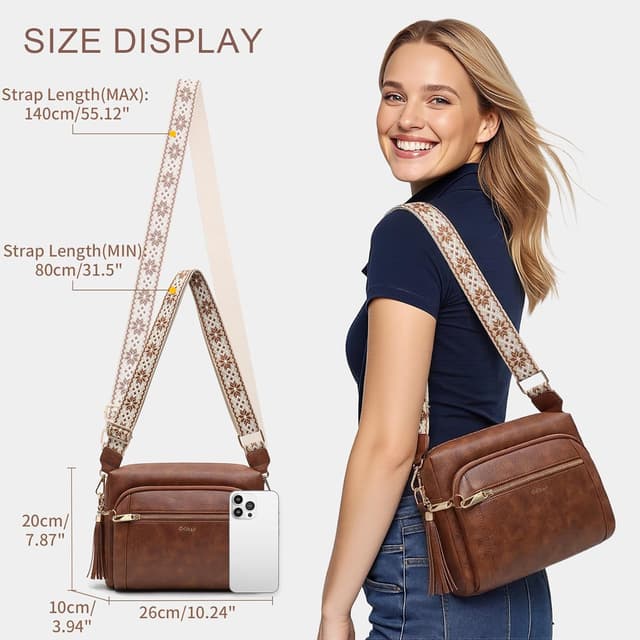 Detalle de HILAEX Women’s Anti-Theft Cross Body Bag with 4 Zip Compartments and RFID Blocking