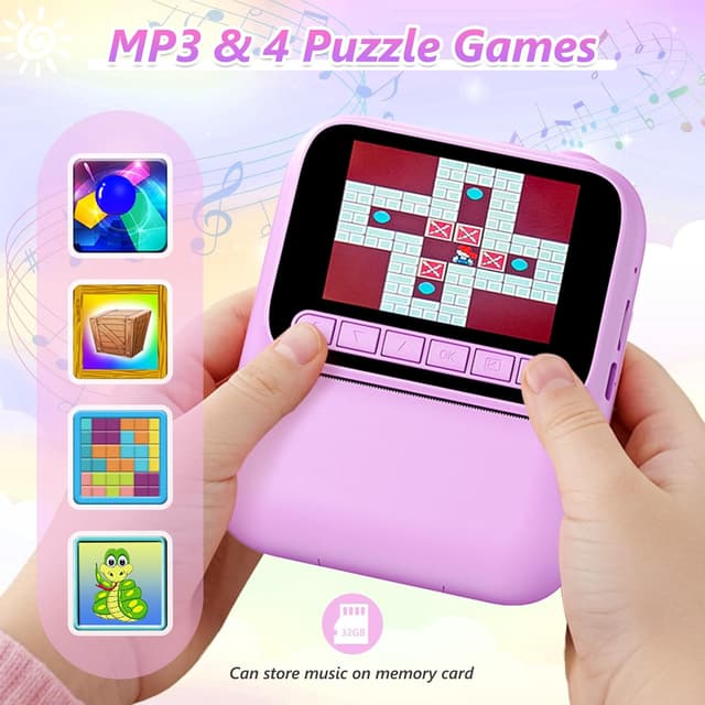 Detalle de Naxup Sofortbildkamera für Kinder mit 1080P, 5 Rollen Druckpapier und 32-GB-Karte (Lila)